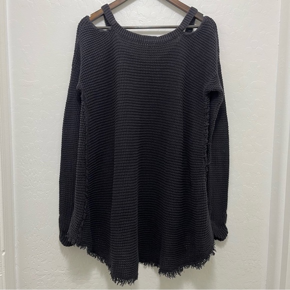 Free People Moonshine Cold Shoulder Knitted Sweater Hi-Low, Fringe Hem - Picture 8 of 12